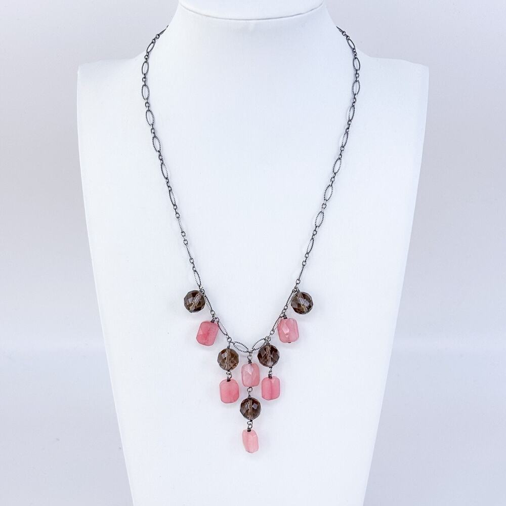 Smoky Rose Quartz Dangle Bib Necklace | Vintage Sterling Silver 925 | 16"-17"